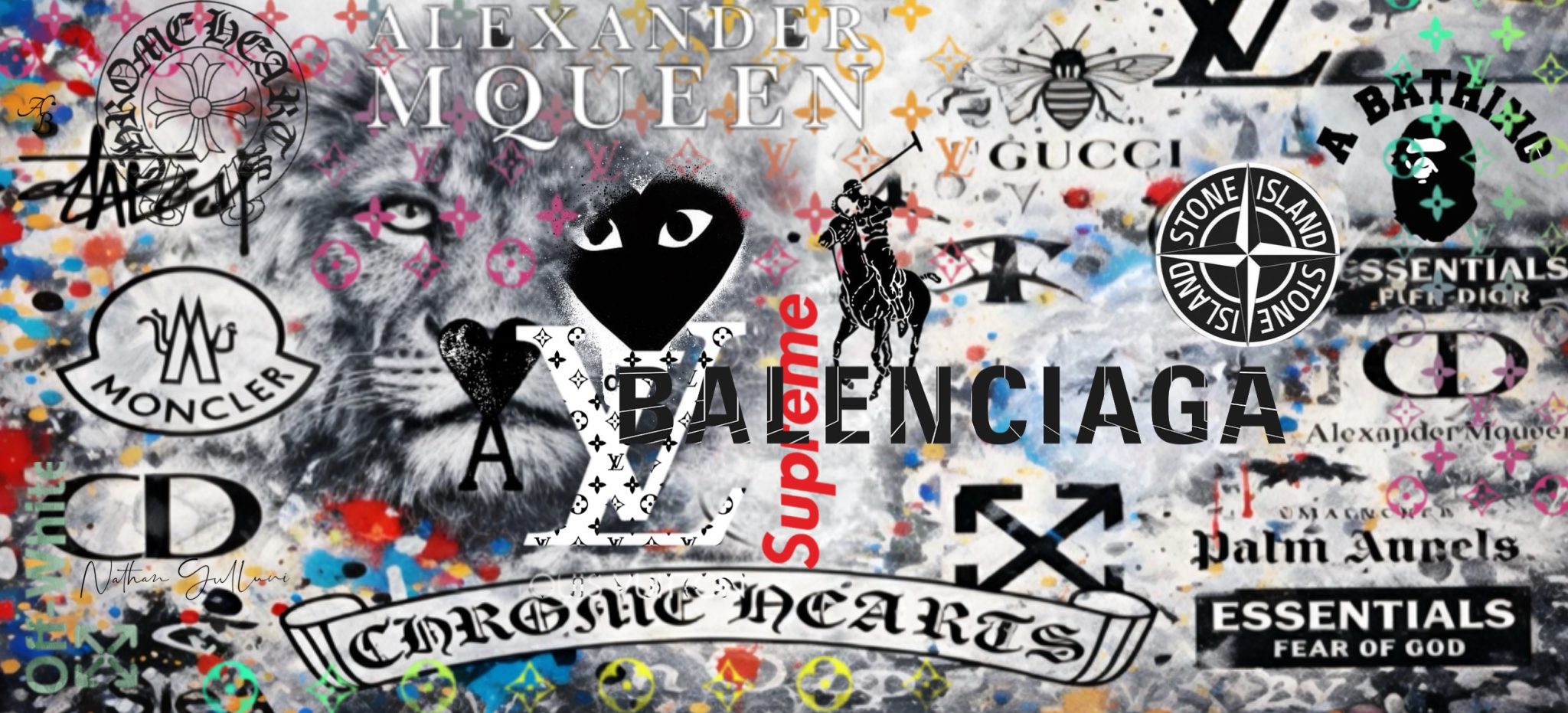 Mug personnalisé sur le thème de la mode, collage de logos de marques streetwear et de luxe sur un fond street art éclaboussé de peinture