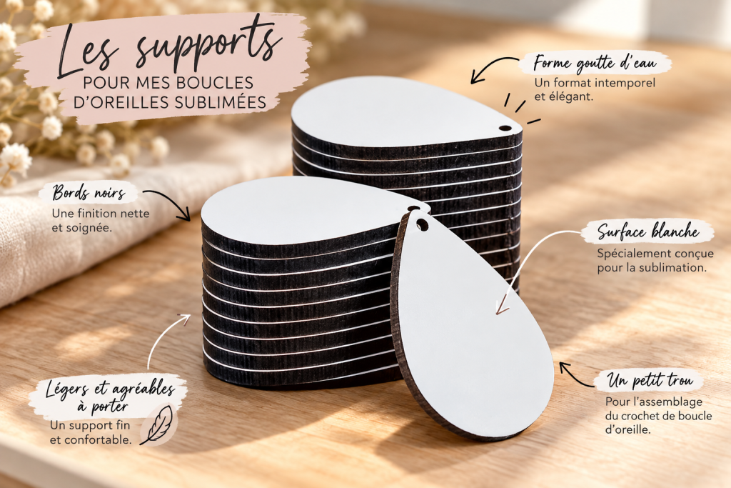 Supports blancs en forme de goutte d'eau pour boucles d'oreilles en sublimation, bords noirs et petit trou pour le crochet – Aline B Création