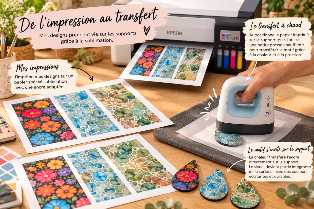 Transfert à chaud d'un motif sur une boucle d'oreille avec une petite presse chauffante, technique de la sublimation – Aline B Création