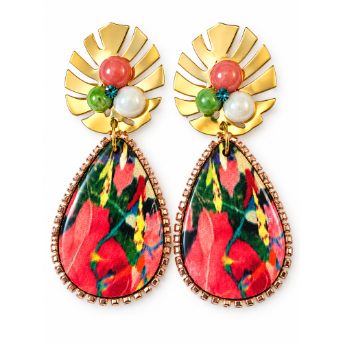 Boucles d’oreilles sublim’ Happy jungle de face : clou feuille doré, cabochons en céramique et goutte colorée – Aline B Création