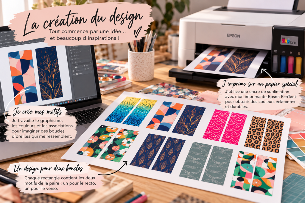Création des designs de boucles d'oreilles sur ordinateur et planche de motifs imprimée, un motif pour le recto et un pour le verso – Aline B Création