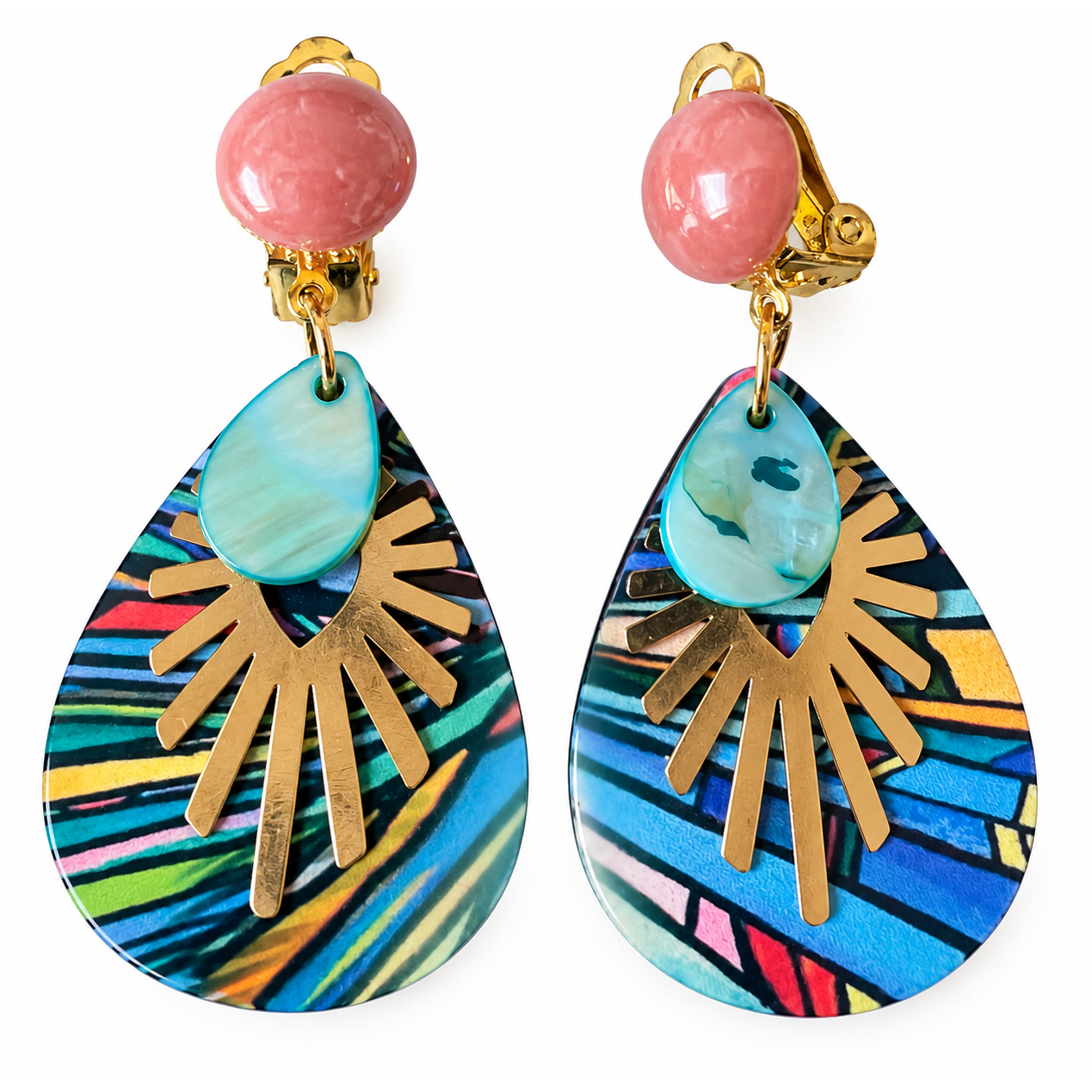 Boucles d’oreilles sublim’ clips Soleil turquoise de face : goutte turquoise et dorée, clip et cabochon vieux rose – Aline B Création