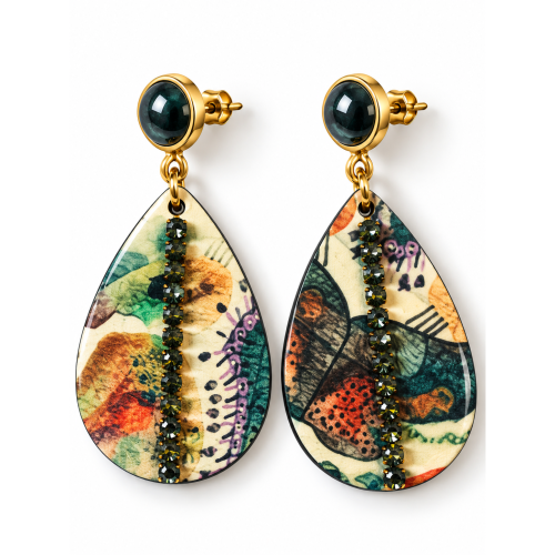Boucles d’oreilles sublim’ Terre ocre de face : goutte beige, verte et orange et cabochon gris anthracite – Aline B Création