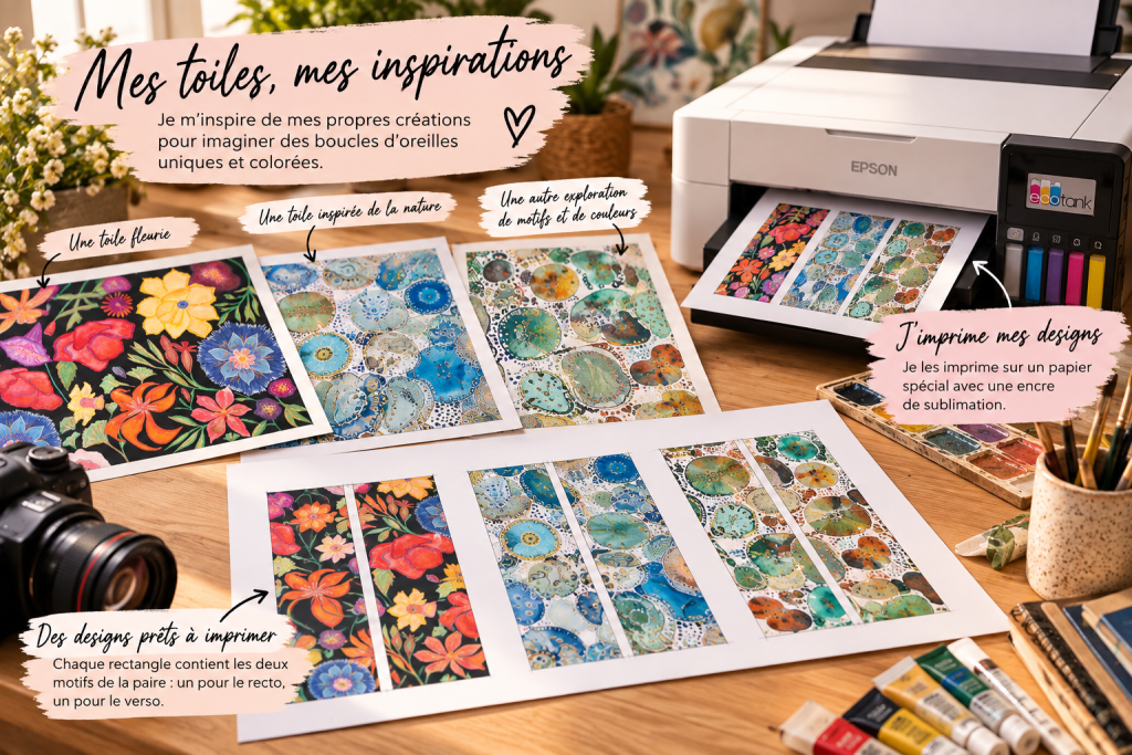 Toiles et aquarelles d'Aline B Création transformées en motifs de boucles d'oreilles, prêts à être imprimés en sublimation