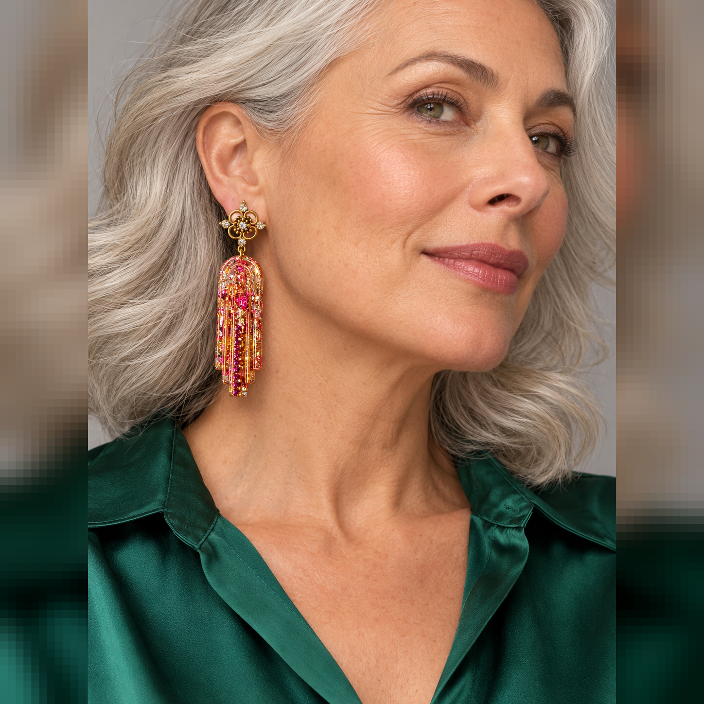 Boucles d’oreilles clous Resin’ Longue fuchsia portées : une touche rose fuchsia lumineuse – Aline B Création