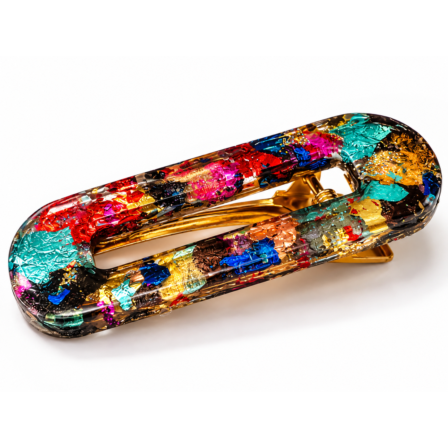 Barrette Resin’ Confettis vue de profil : paillettes multicolores en relief – Aline B Création