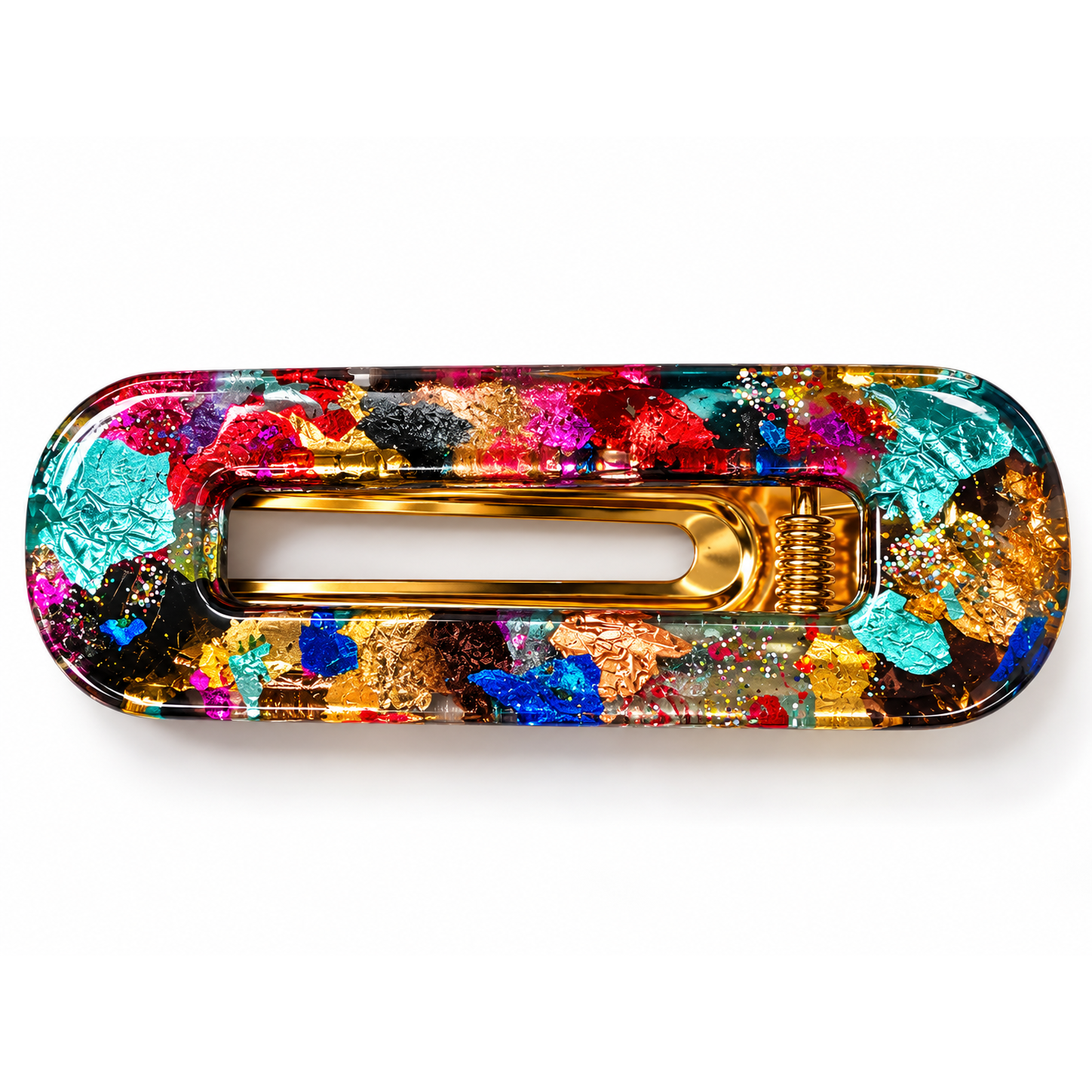 Barrette Resin’ Confettis vue de dessus : résine aux paillettes rose, bleu et doré – Aline B Création