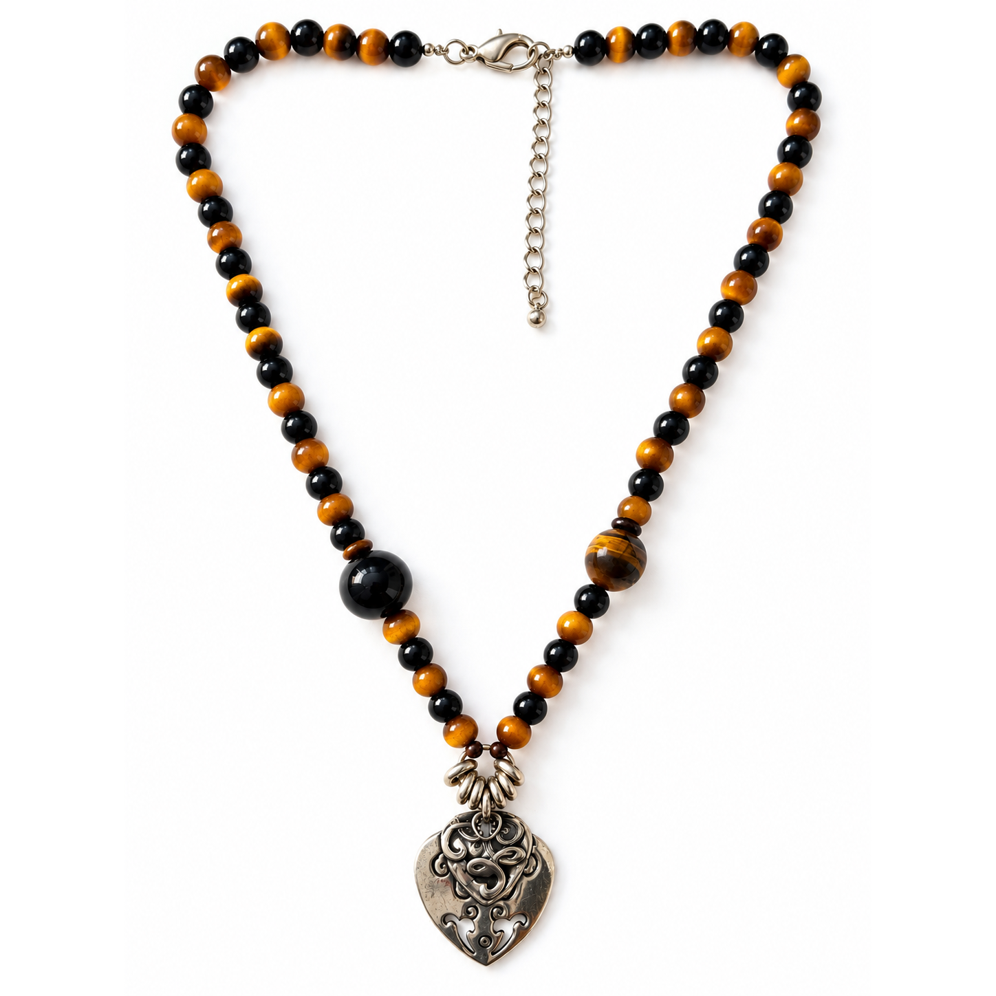 Collier Cœur de Samarcande en entier : perles d’onyx noir et d’œil de tigre, pendentif cœur argenté – Aline B Création