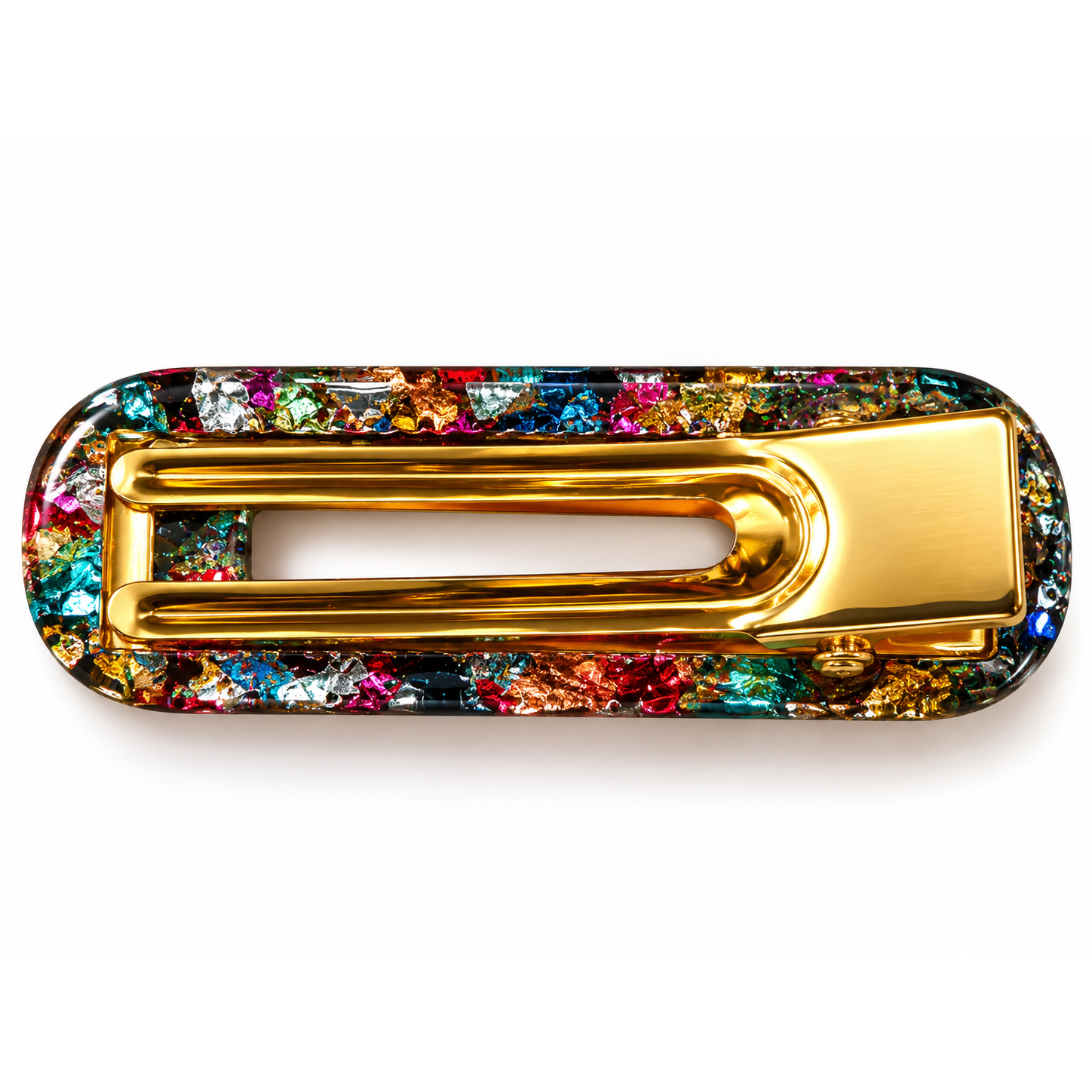 Barrette Resin’ Confettis vue de dessous : pince crocodile en acier doré – Aline B Création
