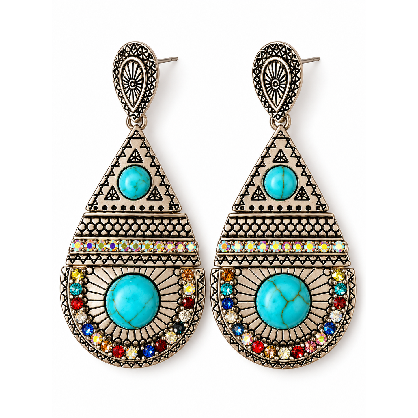 Boucles d’oreilles clous Talisman turquoise de face : boucles argentées ornées de pierres turquoise et de cristaux multicolores – Aline B Création